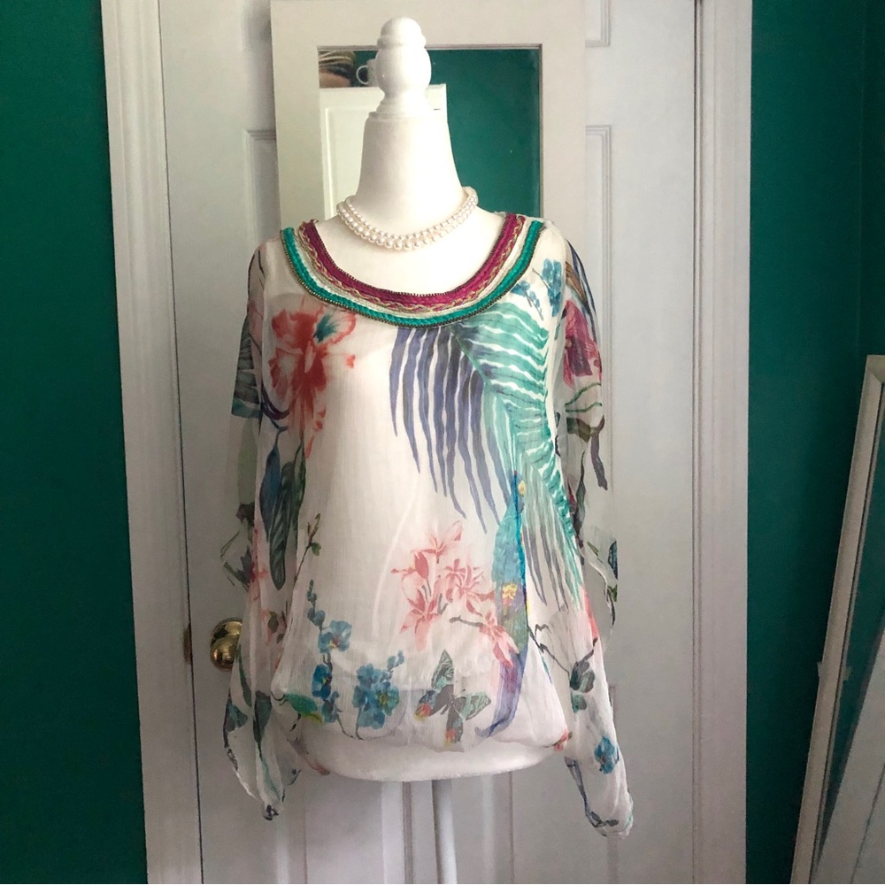 Derhy Floral Sheer Flowy Top with white lining, embroidered at neckline Medium